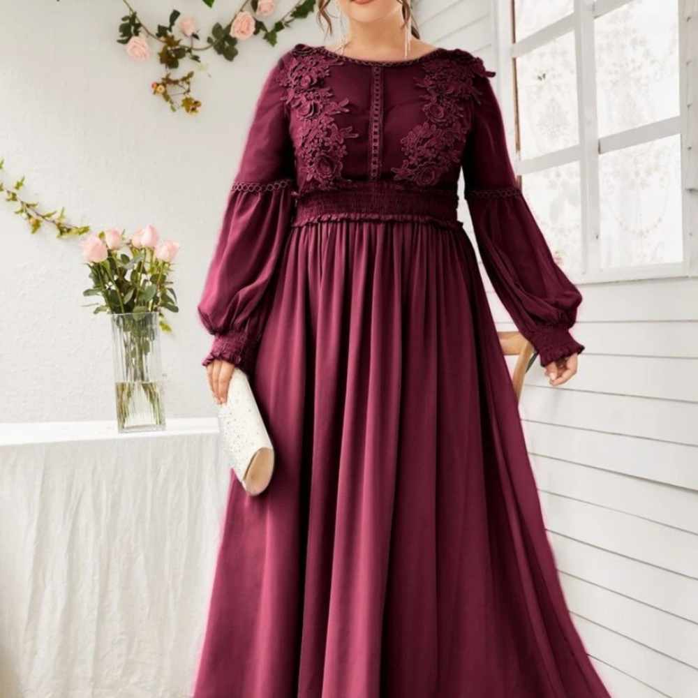 Burgundy Plus sized lace shirred maxi dress